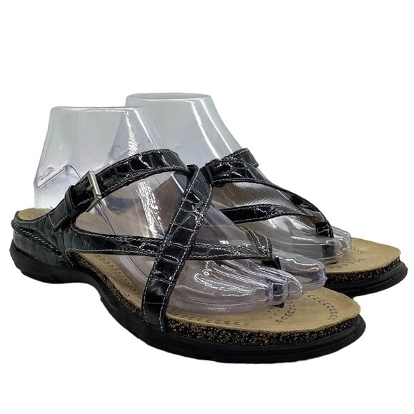 ECCO Living Thong Croc Embossed Patent Leather Sandals 7 7.5 38 Slip On Strappy - Picture 2 of 8